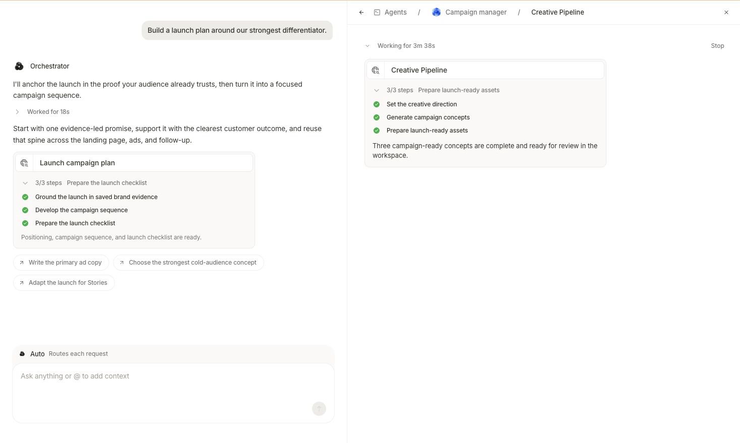 Marketer workbench showing Agents, Campaign manager, and Creative Pipeline breadcrumbs, a running-time label, Stop control, three completed pipeline steps, and a result summary