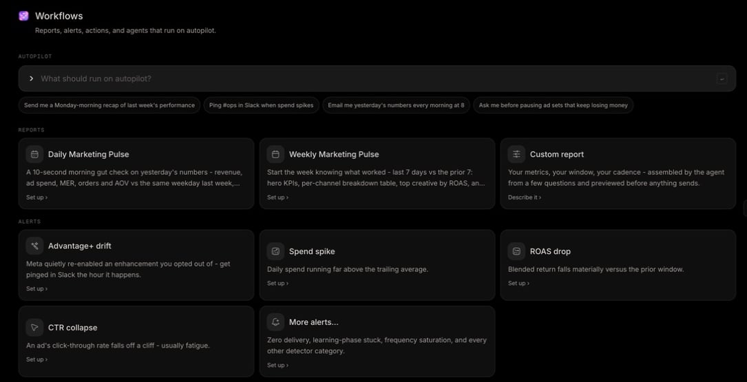 Workflows library with an Autopilot request field plus Daily Marketing Pulse, Weekly Marketing Pulse, Custom report, Advantage Plus drift, Spend spike, ROAS drop, CTR collapse, and More alerts cards