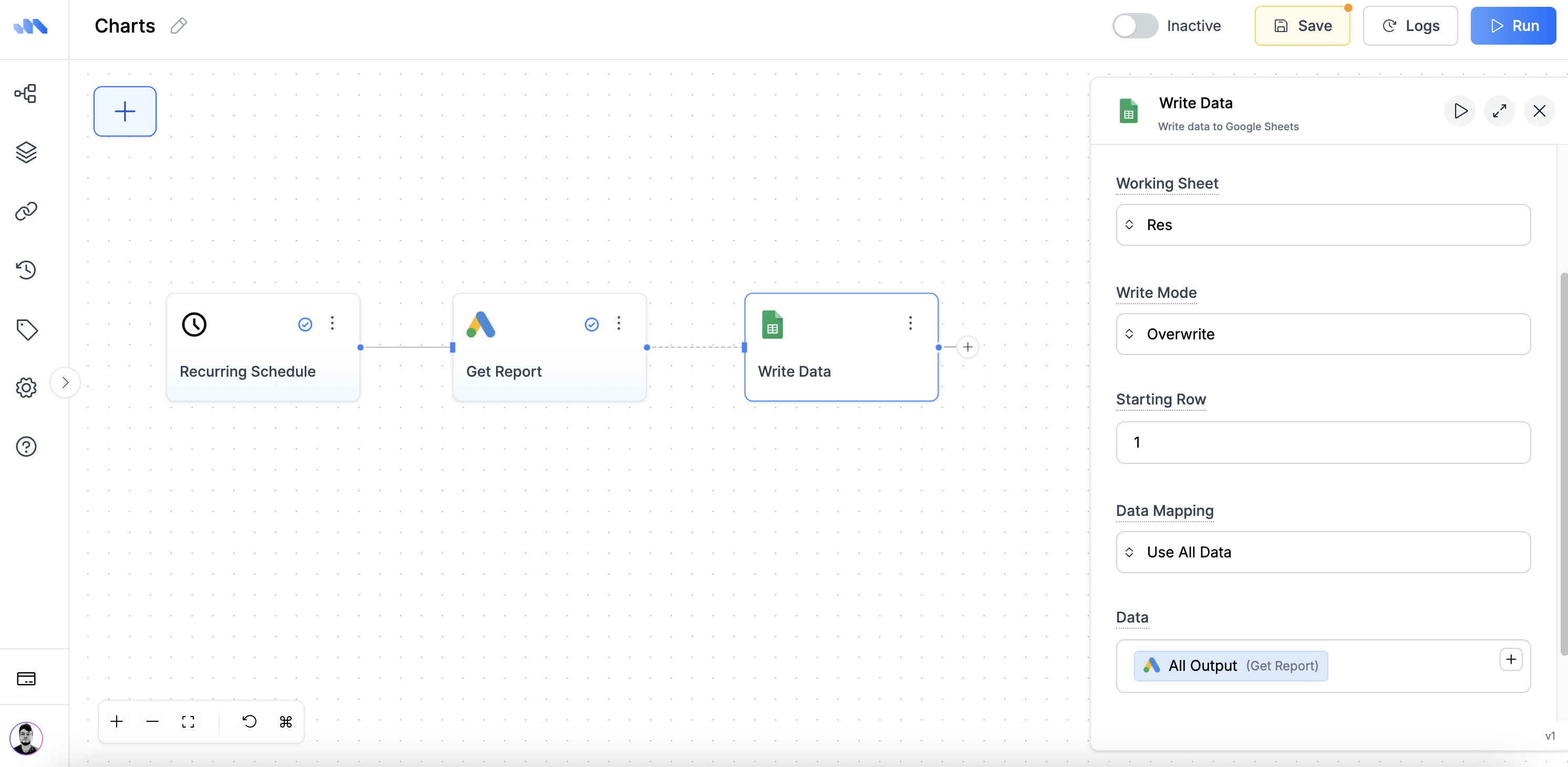 Google Sheets Write Data node