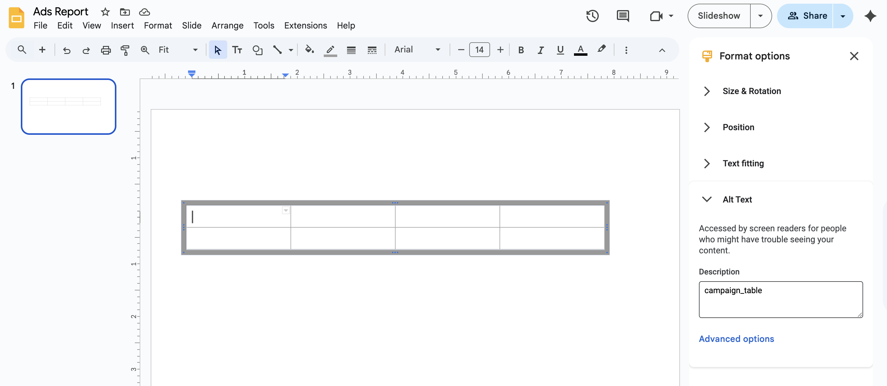 Google Slides table
