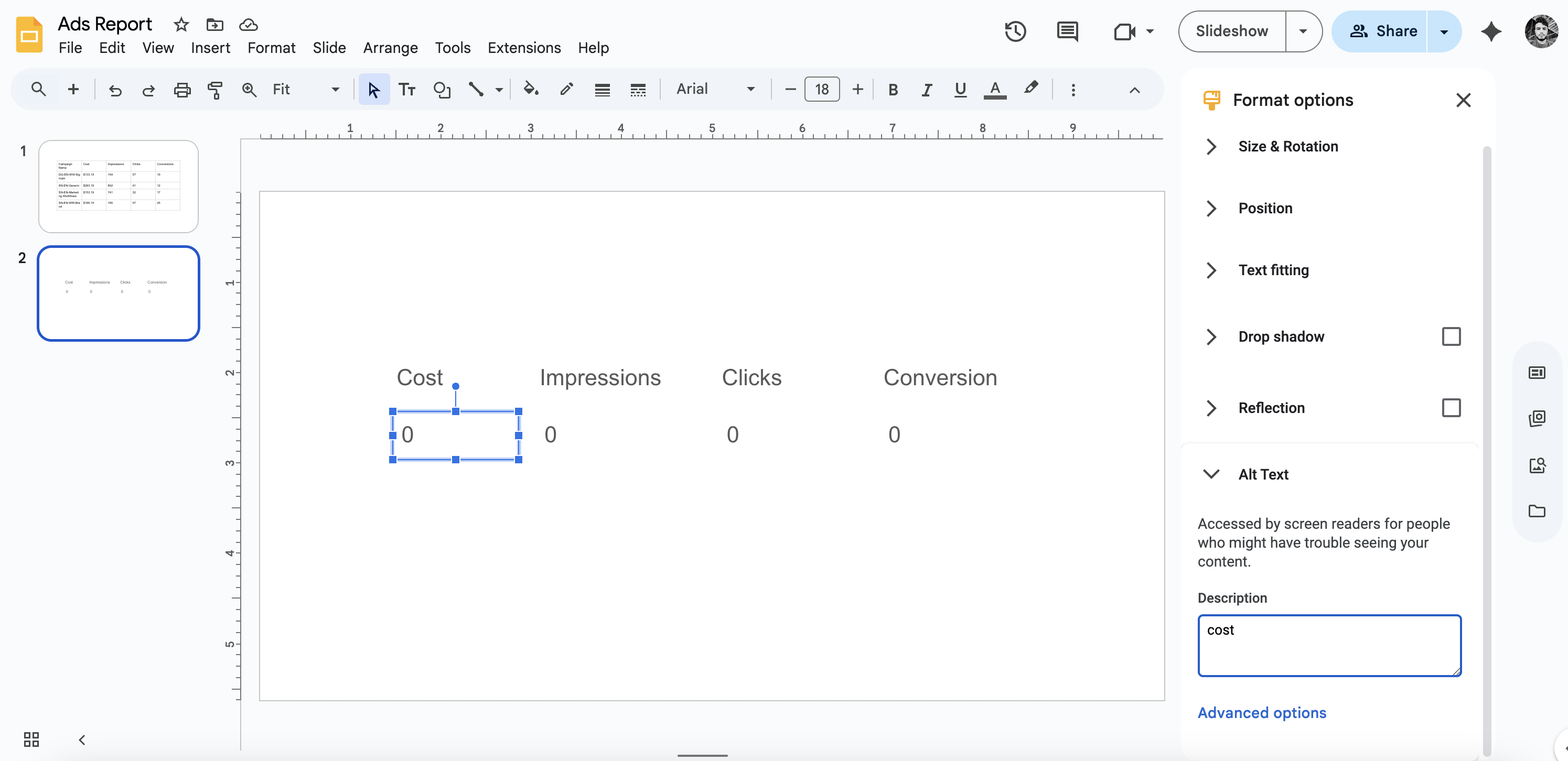 Google Slides scorecard example