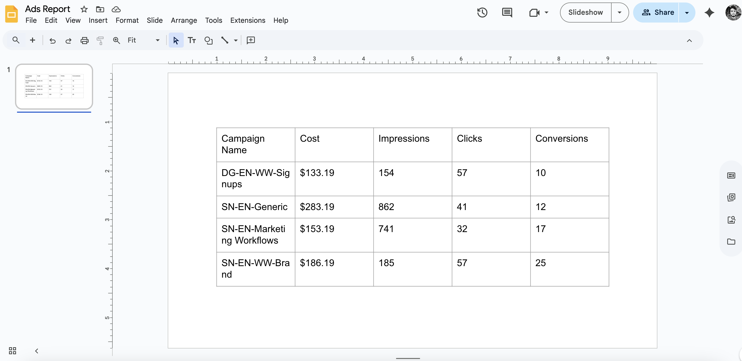 Google Slides updated table