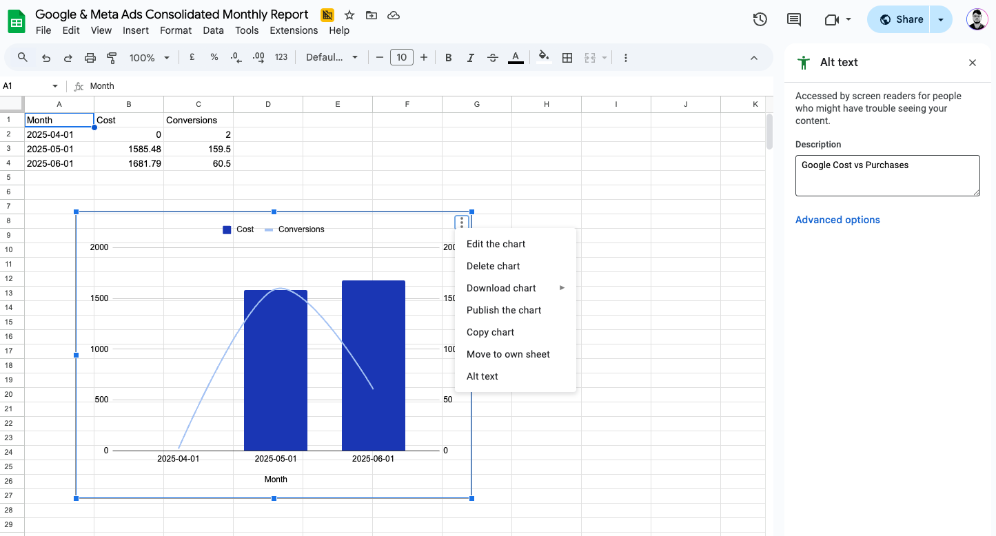 Example of setting alt text in Google Sheets