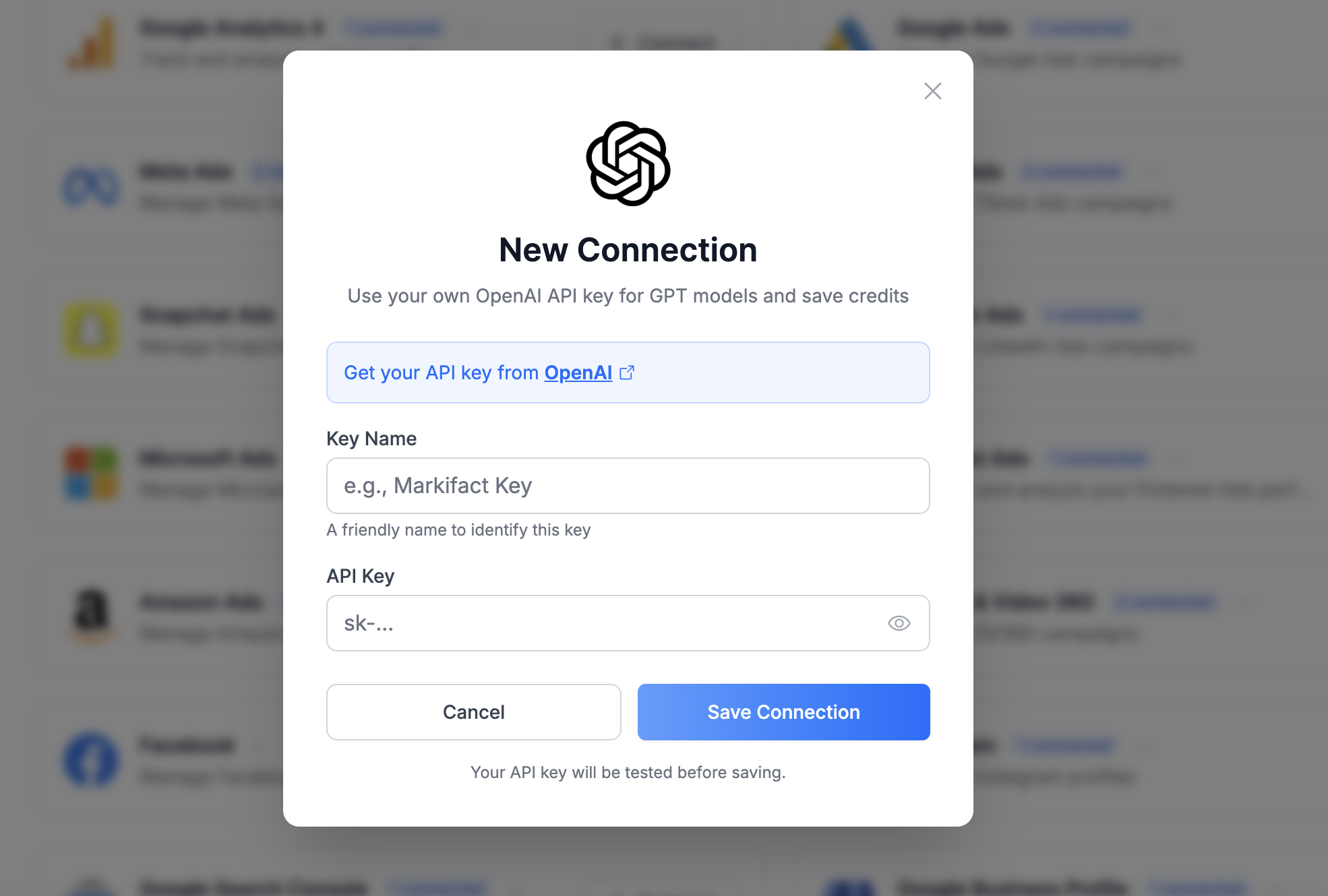 API Key Connection Dialog