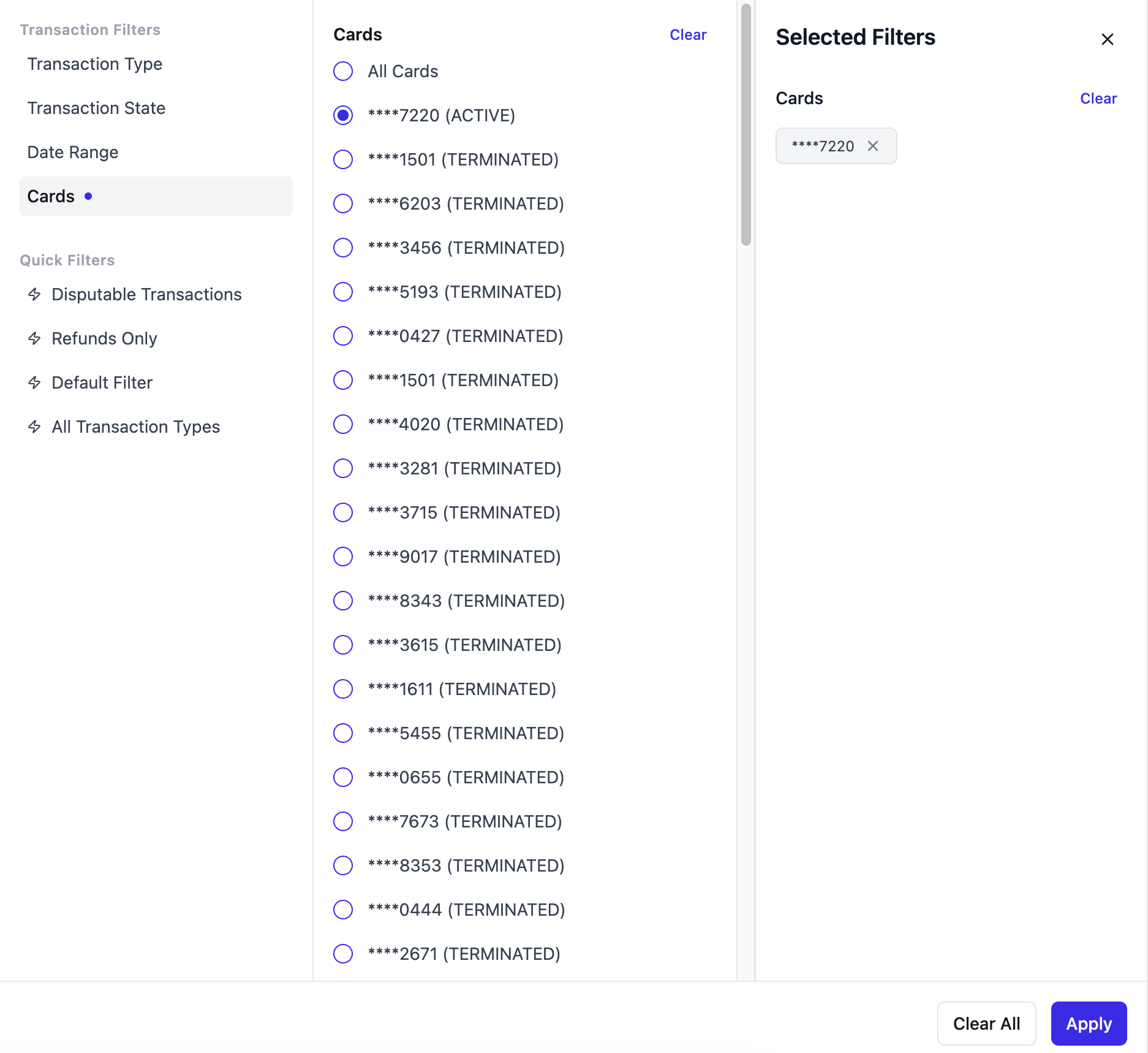User transactions filter screen