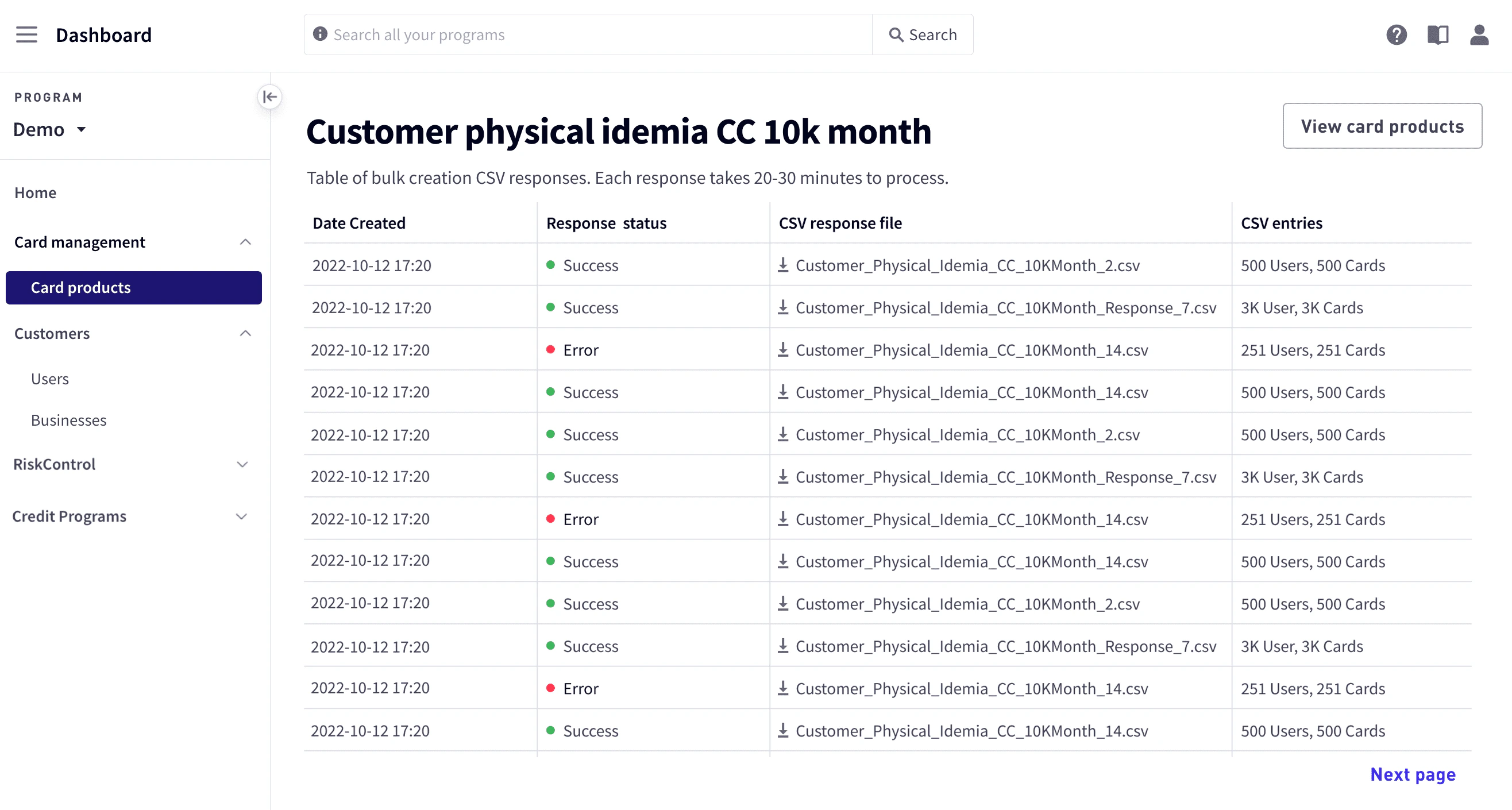 Bulk create card response