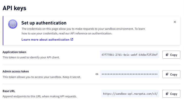 API keys in the Dashboard