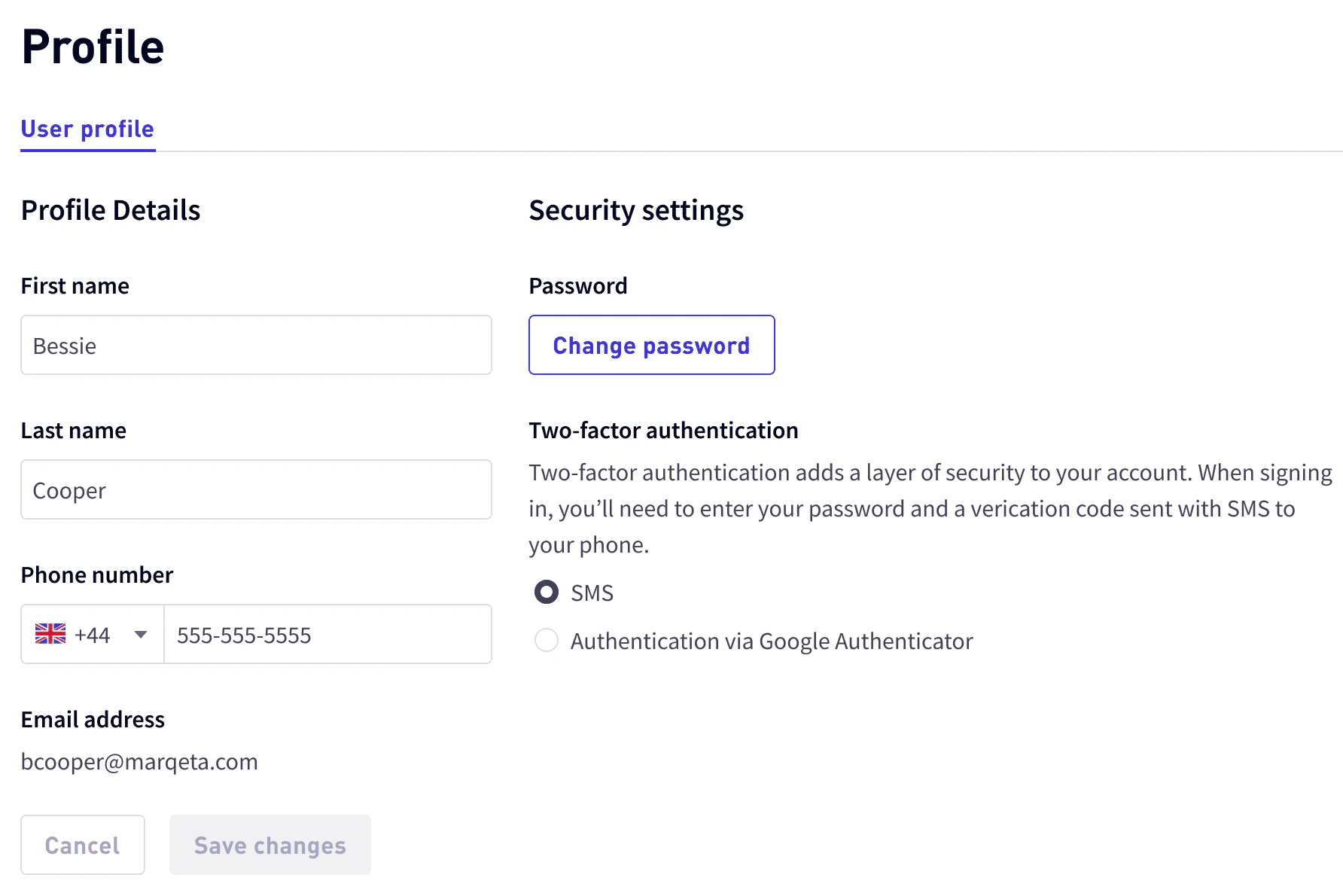 Updating a user profile SMS authentication
