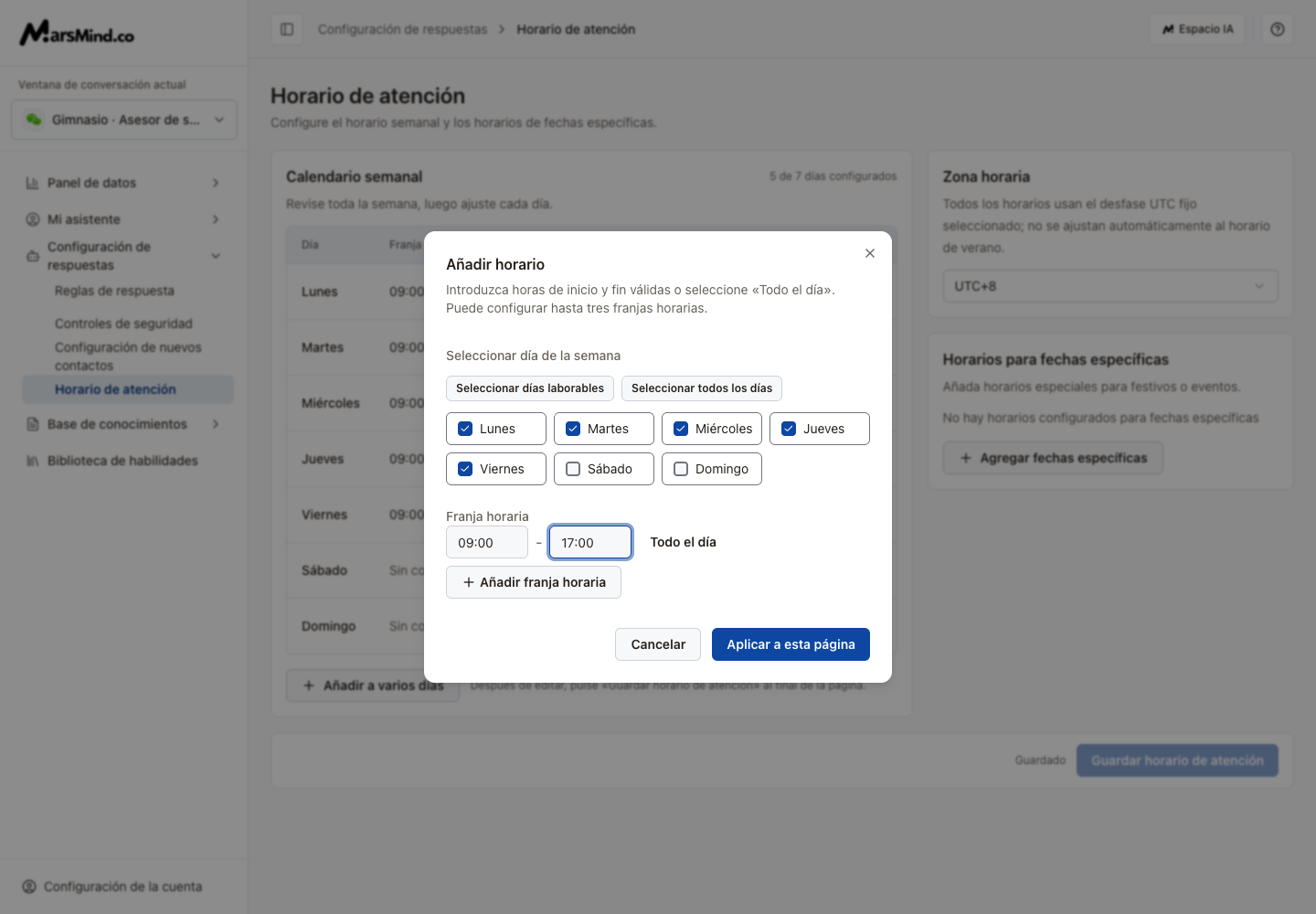 Editar horario: días, inicio, fin y aplicación al borrador