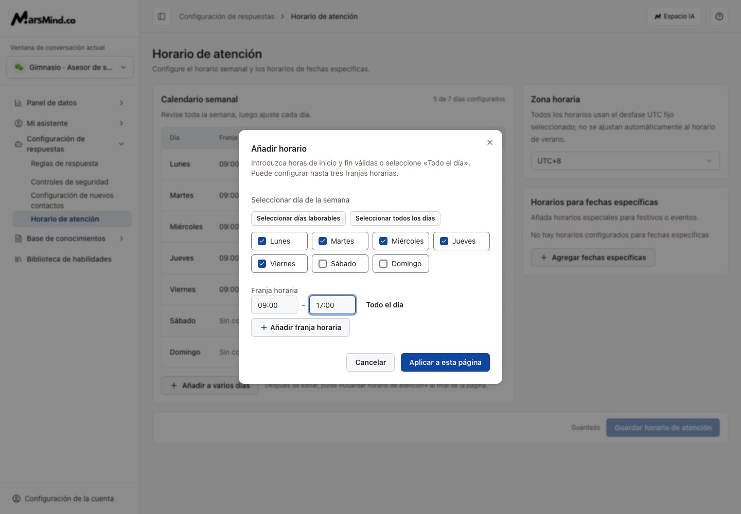 Editar horario: días, inicio, fin y aplicación al borrador