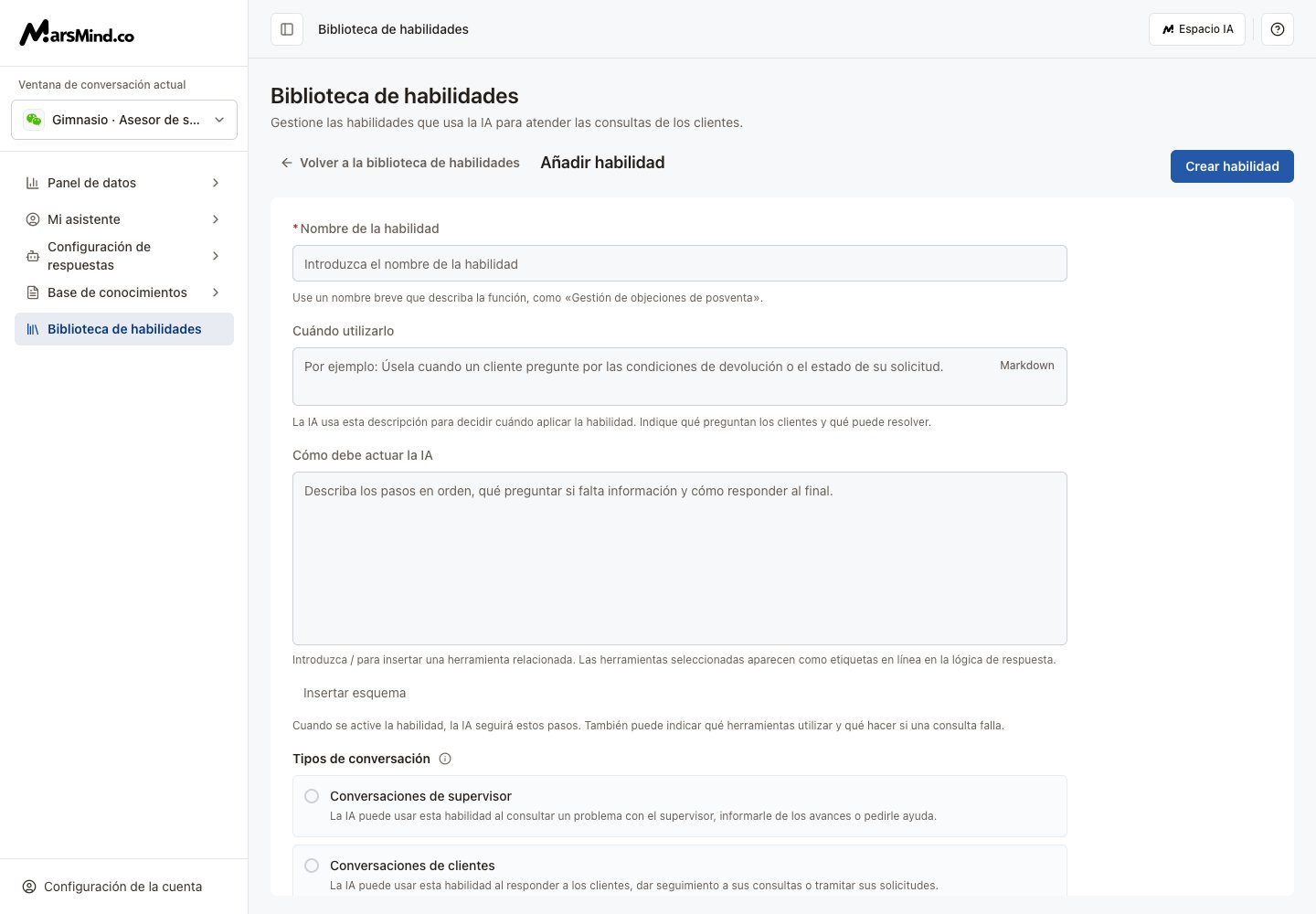 Crear habilidad: nombre, uso, pasos de IA, conversaciones y herramientas