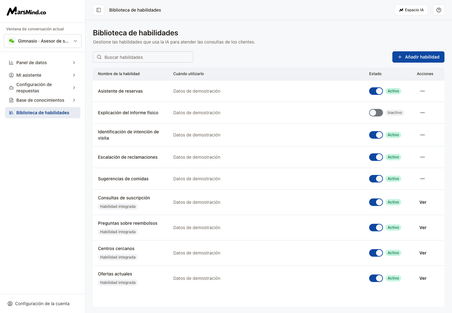 Biblioteca de habilidades: nombres, descripciones, estado y creación