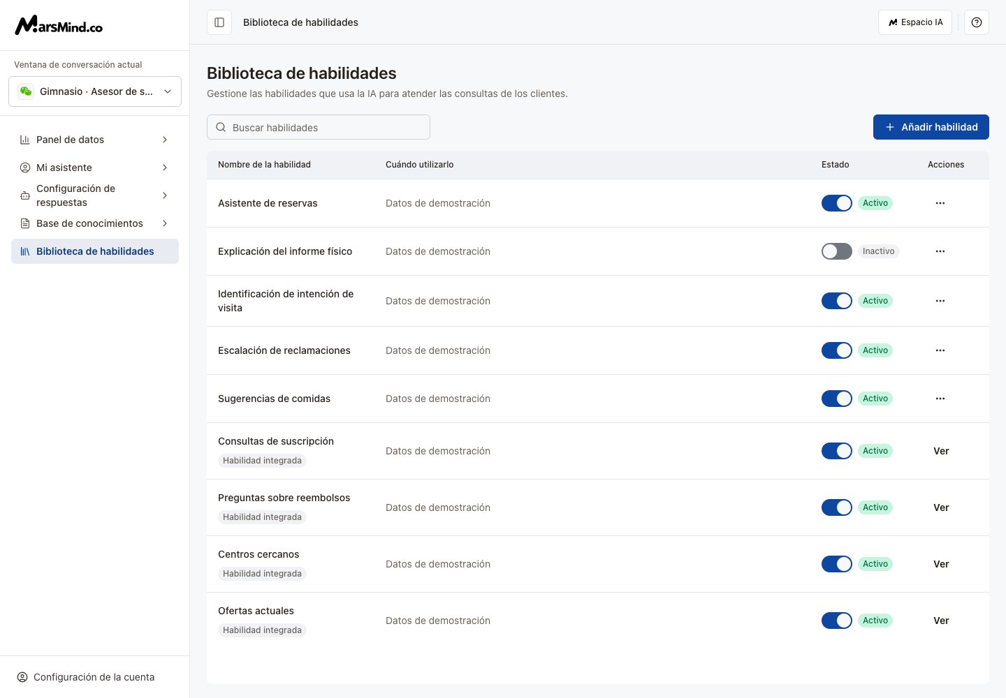 Biblioteca de habilidades: nombres, descripciones, estado y creación