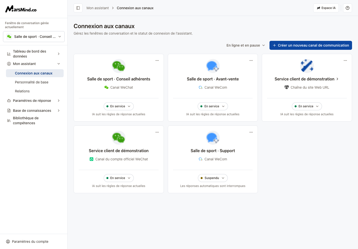 Connexion des canaux : cartes, filtre de statut et création