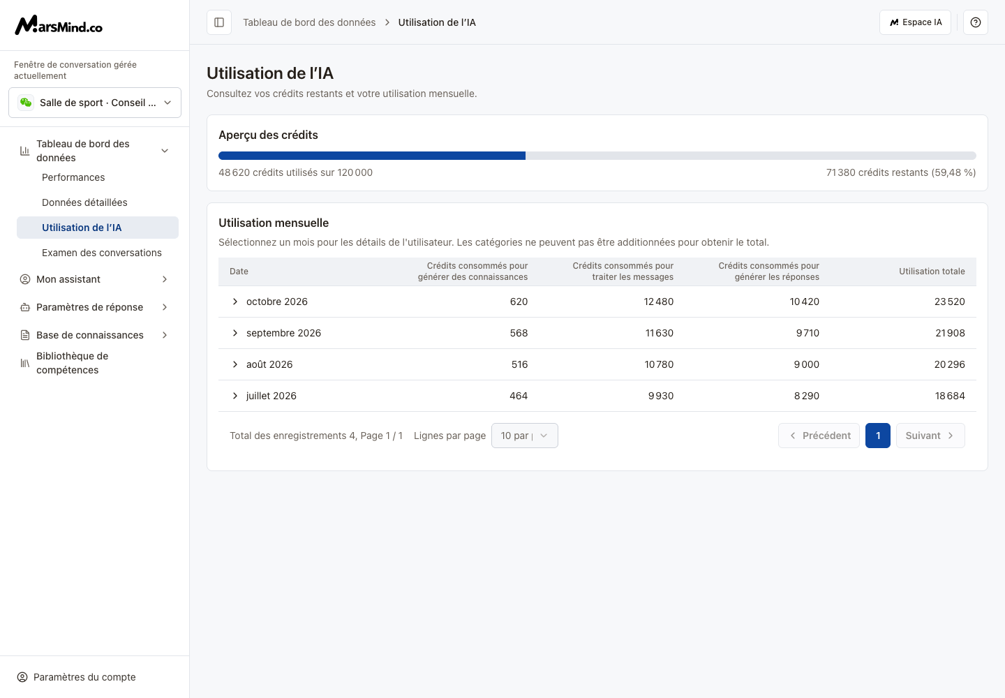 Utilisation IA : crédits, mois et détails par utilisateur