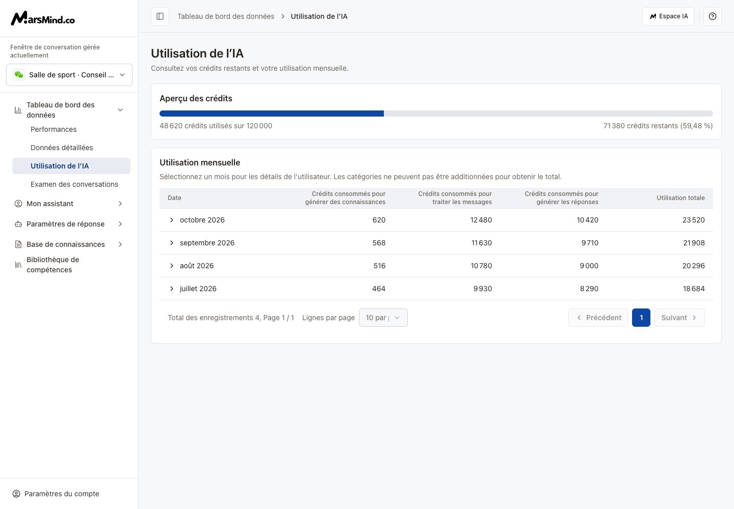 Utilisation IA : crédits, mois et détails par utilisateur