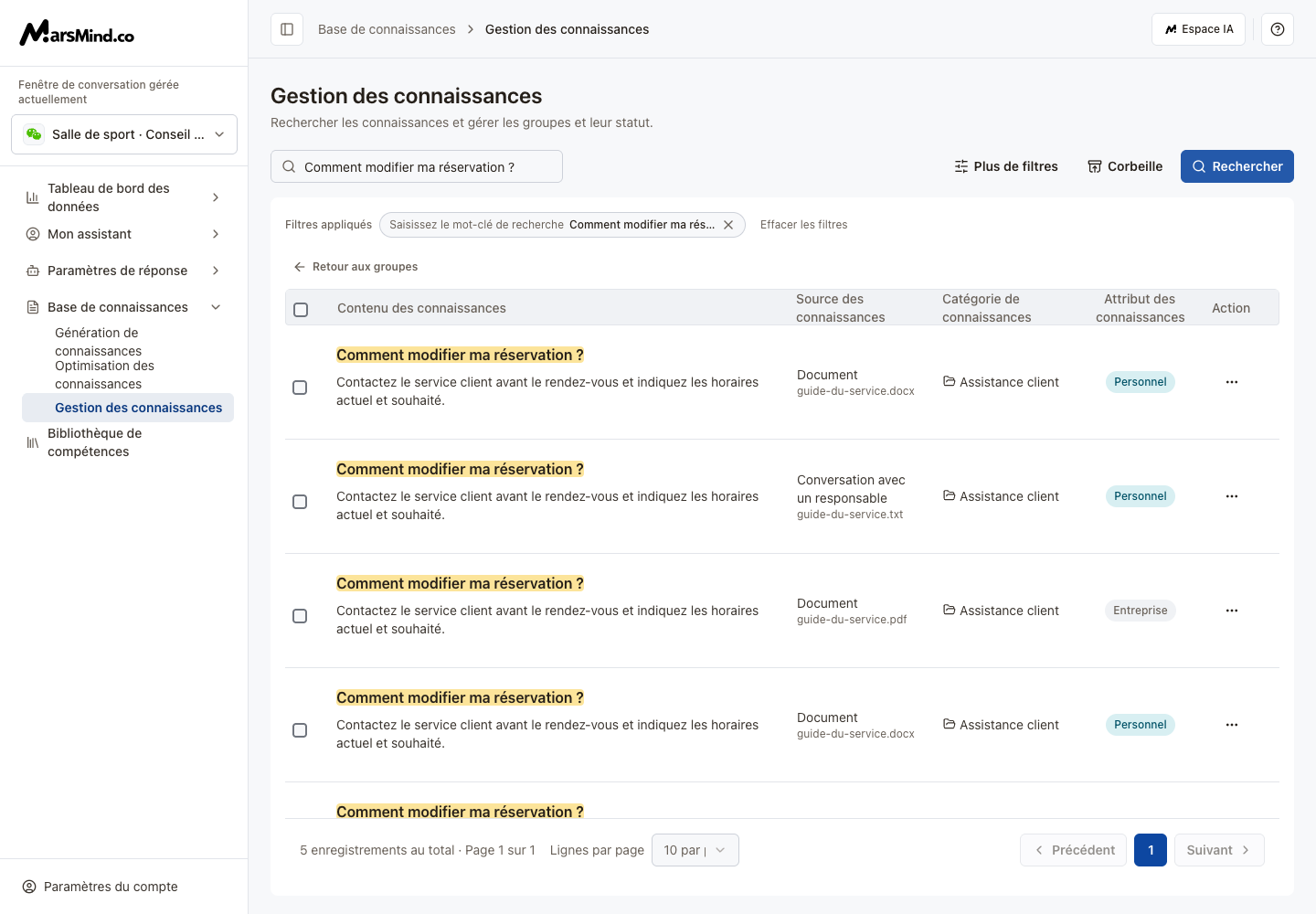 Gestion des connaissances avec résultats de recherche enregistrés