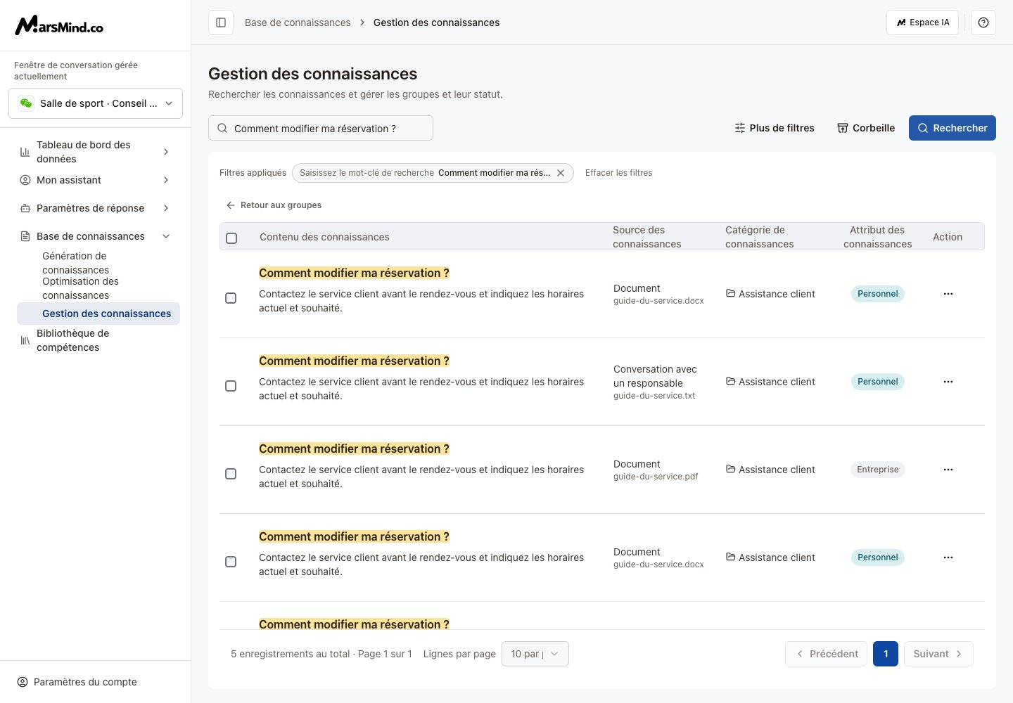 Gestion des connaissances avec résultats de recherche enregistrés