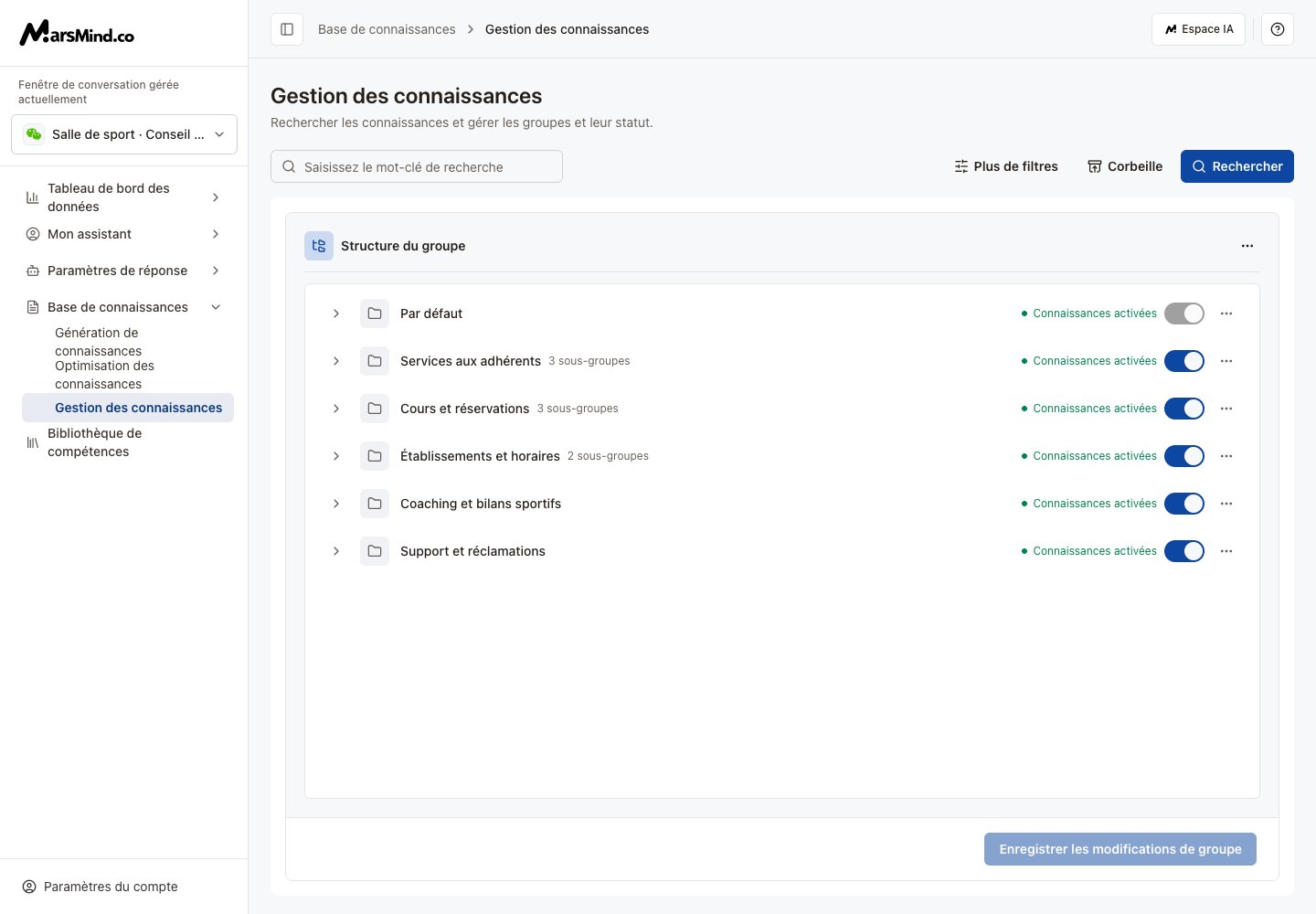 Structure des groupes avec noms, état et actions de ligne