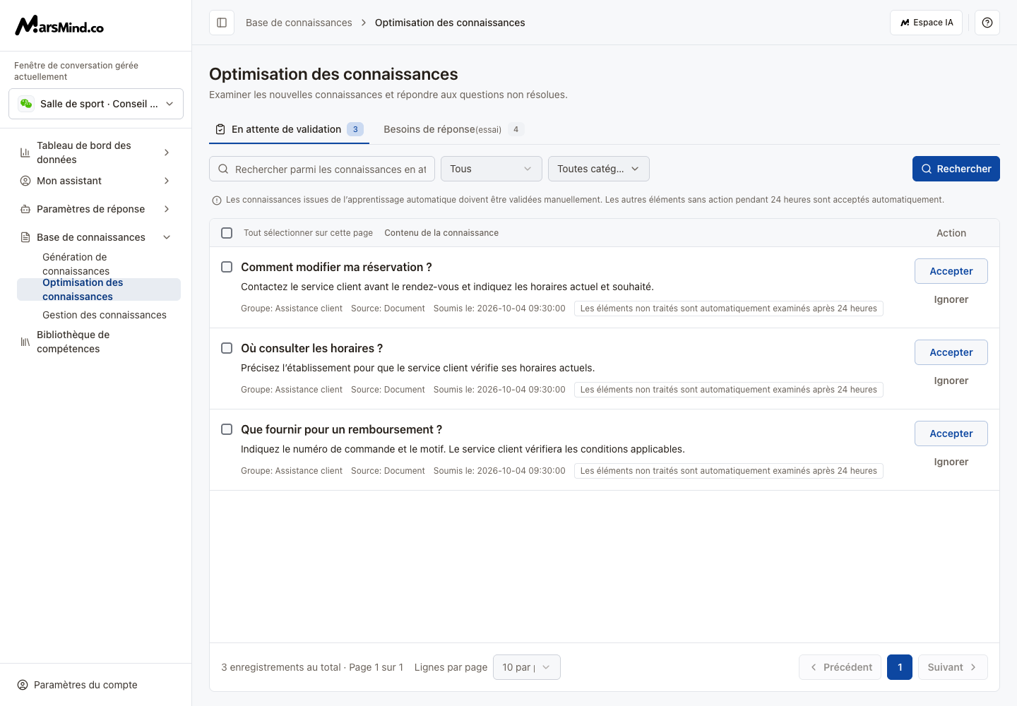File de validation avec recherche, filtres et actions sur les connaissances