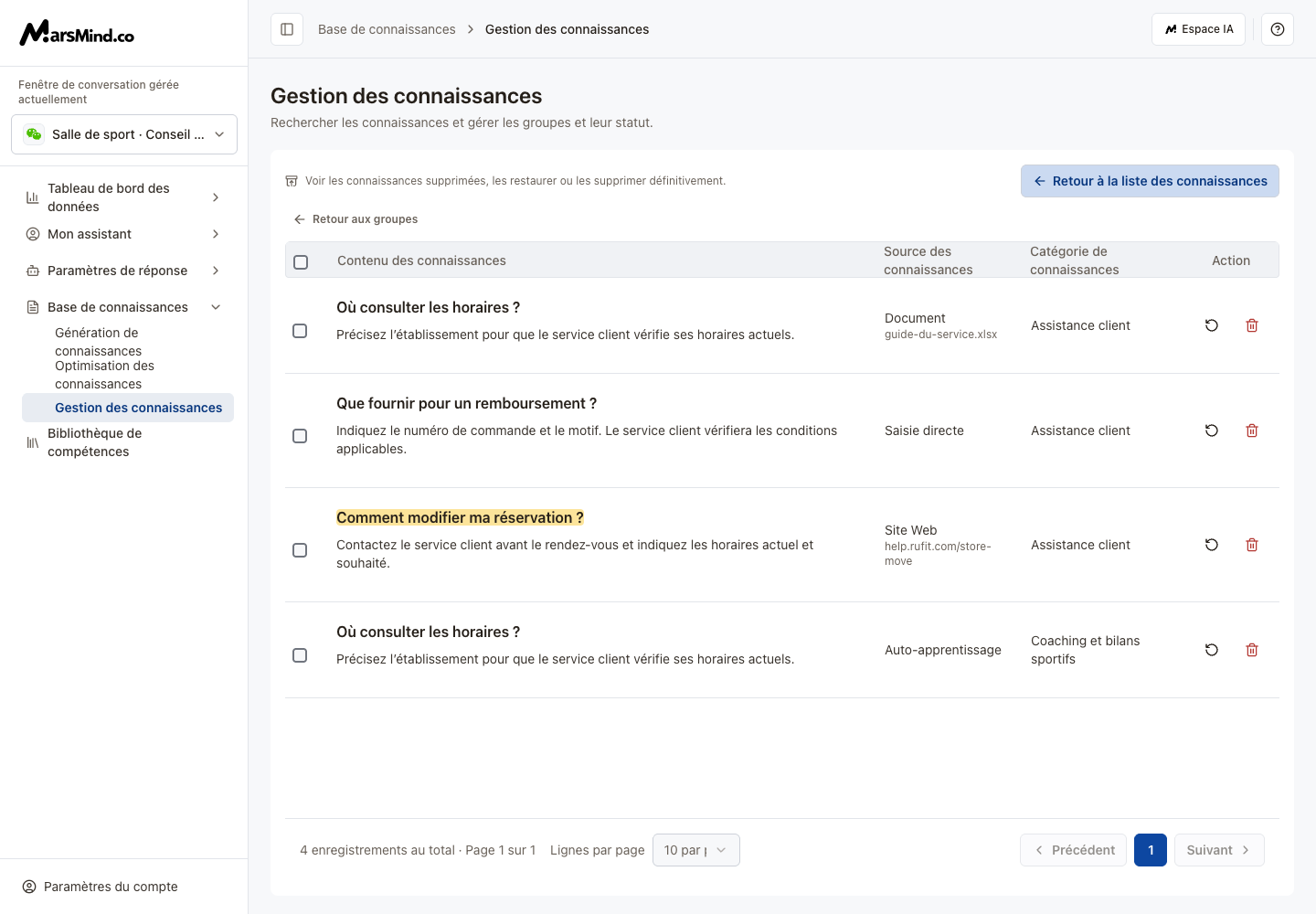 Corbeille des connaissances avec restauration et suppression définitive