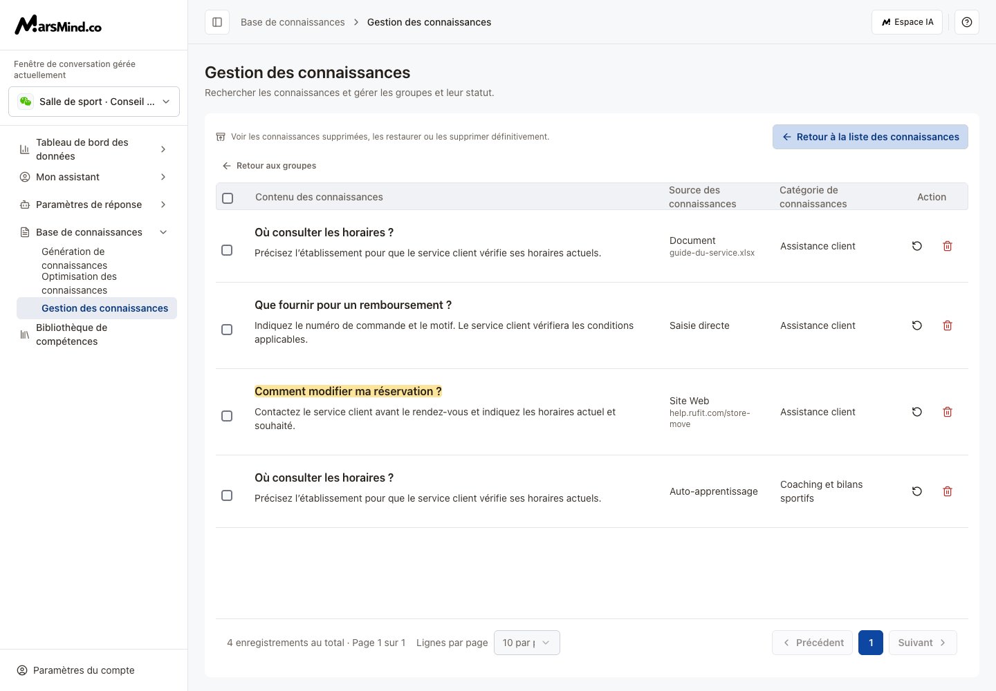 Corbeille des connaissances avec restauration et suppression définitive