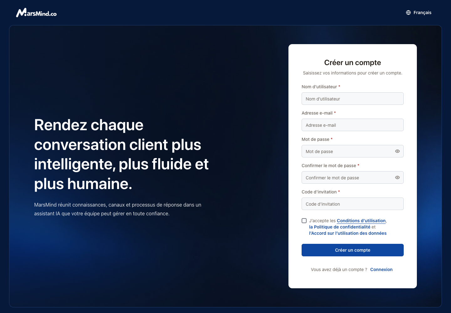 Inscription en français : nom, e-mail, mot de passe, invitation et accords
