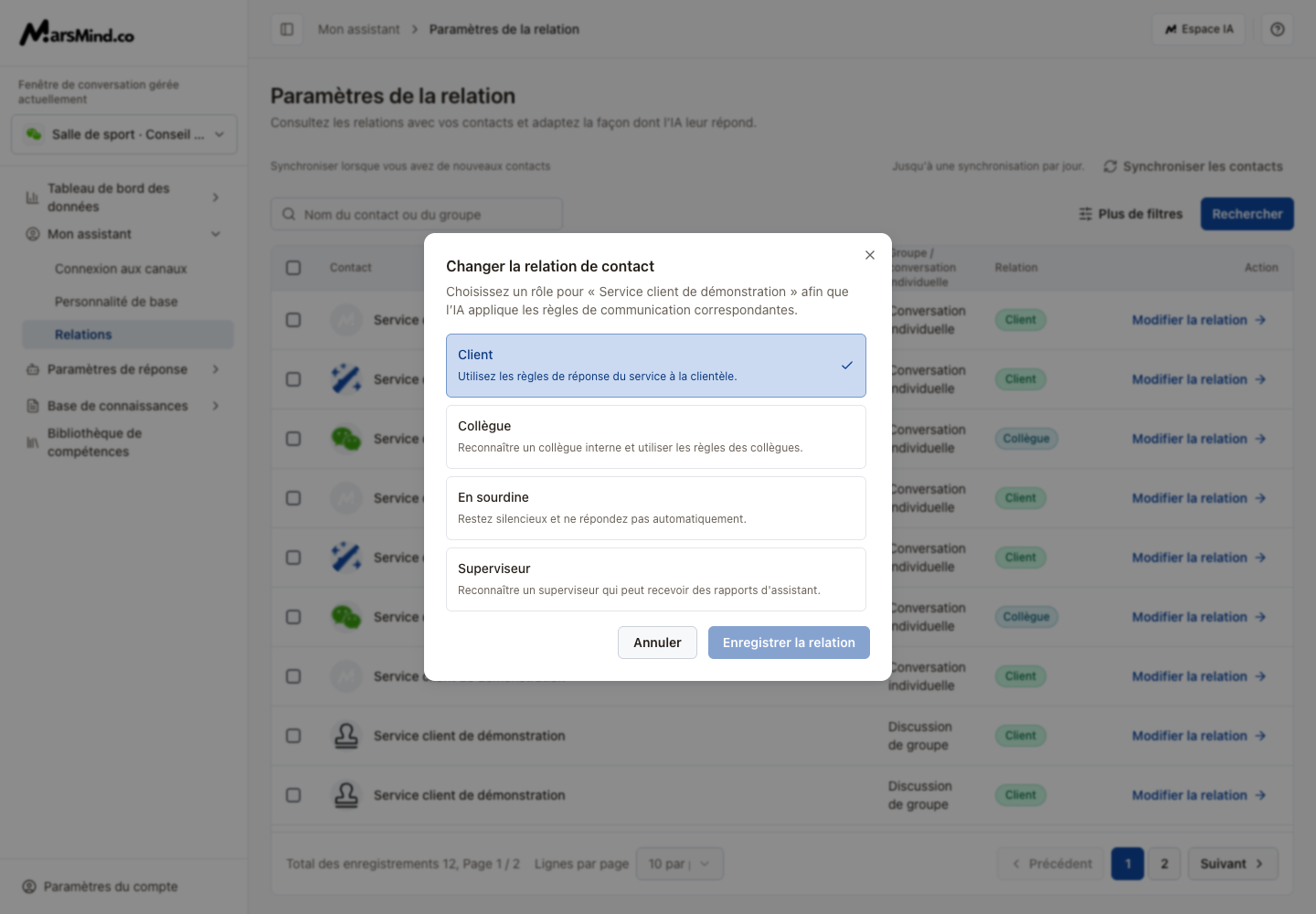 Modification en français : choix du rôle et enregistrement de la relation