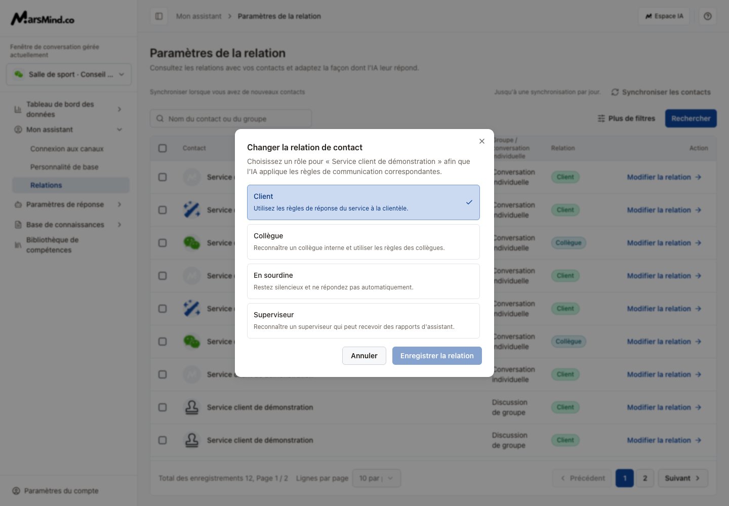 Modification en français : choix du rôle et enregistrement de la relation