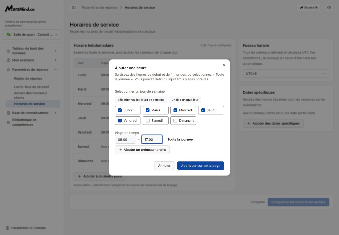 Modifier les horaires : jours, début, fin et application au brouillon