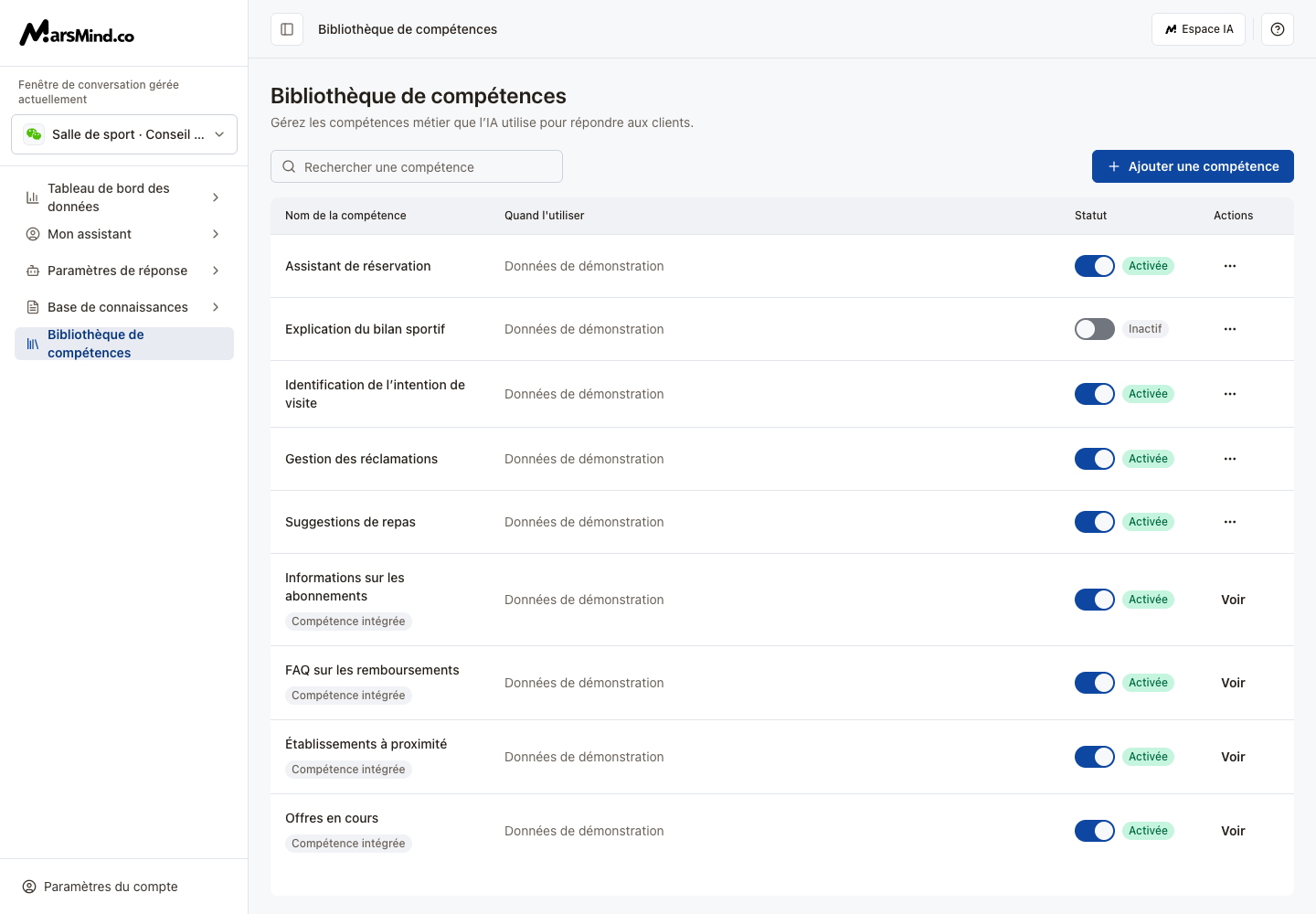 Bibliothèque de compétences : noms, descriptions, statut et ajout