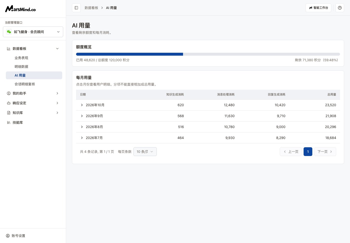 AI 用量页面:额度概览、每月用量和展开的用户明细
