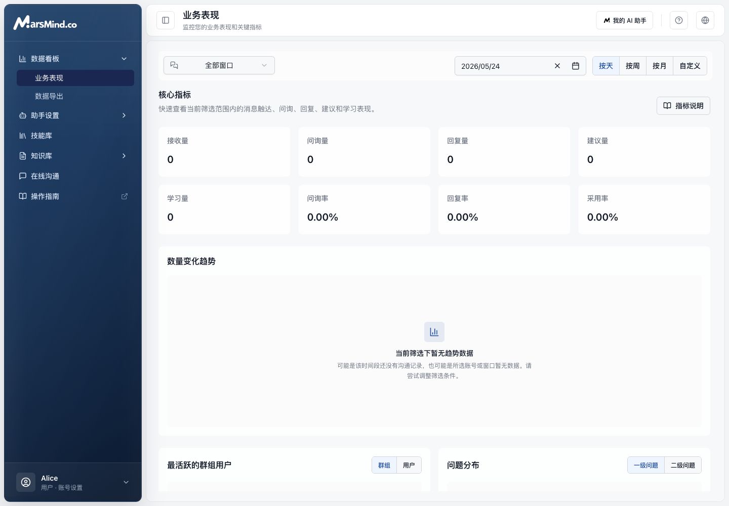 登录后的新版后台,左侧展示数据看板、助手设置、技能库、知识库、在线沟通、操作指南和账号设置