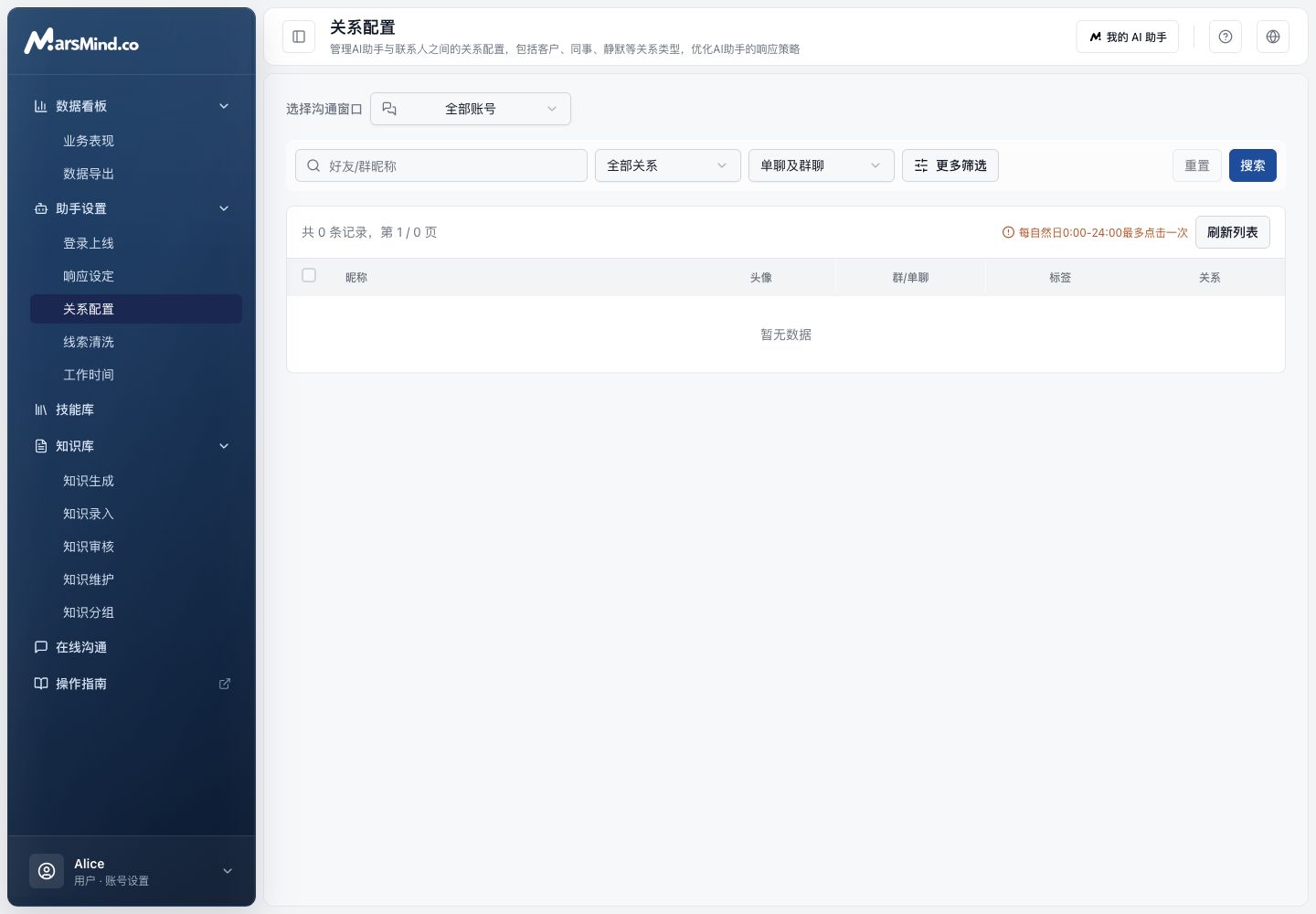关系配置页面,包含沟通窗口选择、快速筛选、批量设为客户、同事、静默、主管和刷新列表按钮