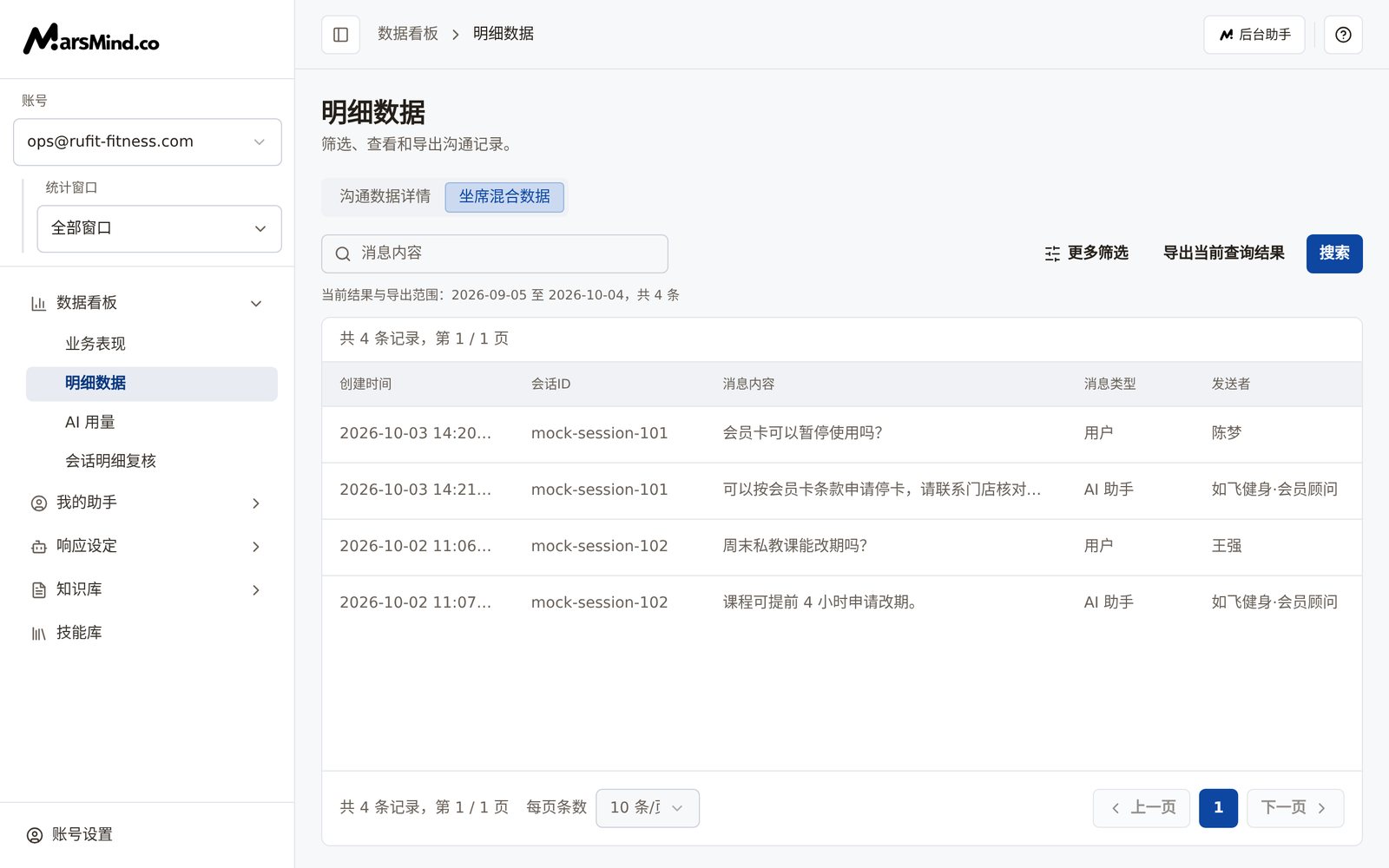 「坐席混合数据」Tab：筛选条为日期、会话ID、消息类型，表格列为创建时间、会话ID、消息内容、消息类型、发送者