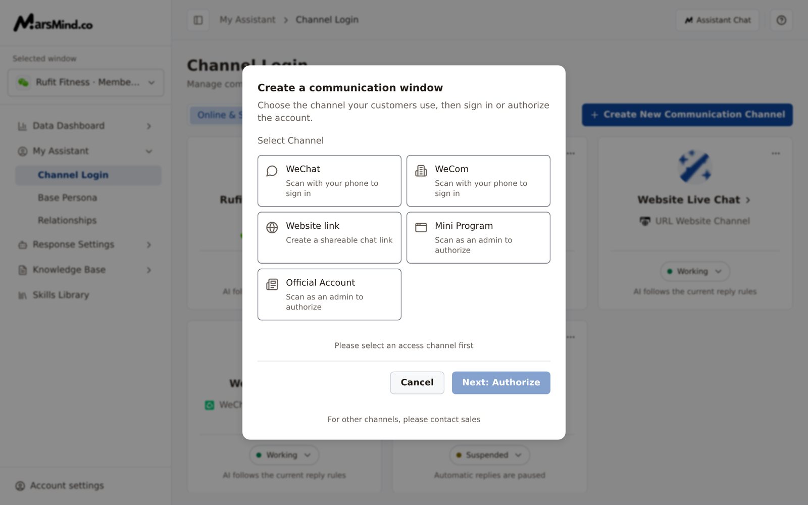 "Create a communication window" dialog: the "Select Channel" area lists WeChat, WeCom, Website link, Mini Program, and Official Account