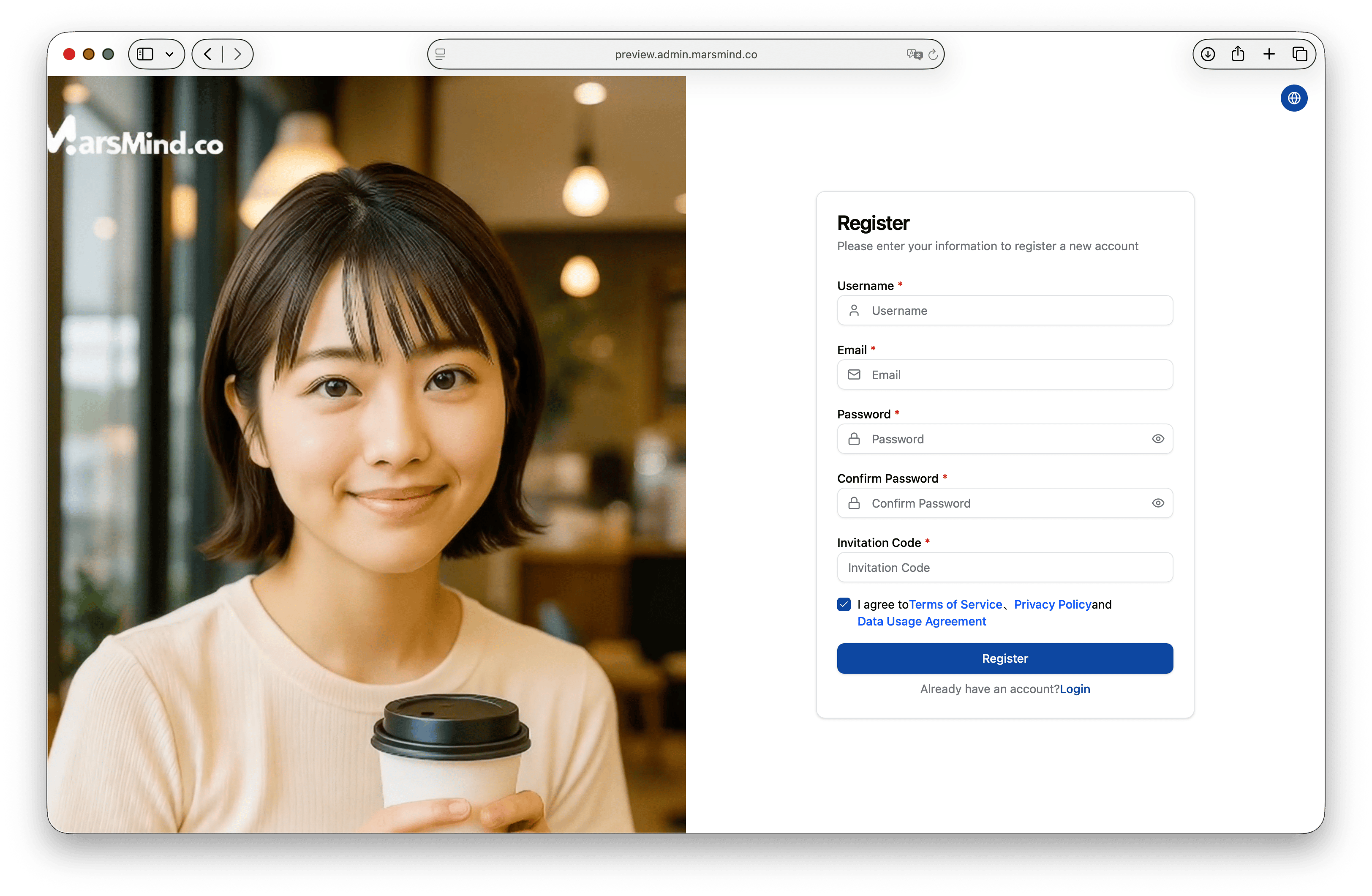 MarsMind 注册页面,包含用户名、密码、确认密码和邀请码输入项