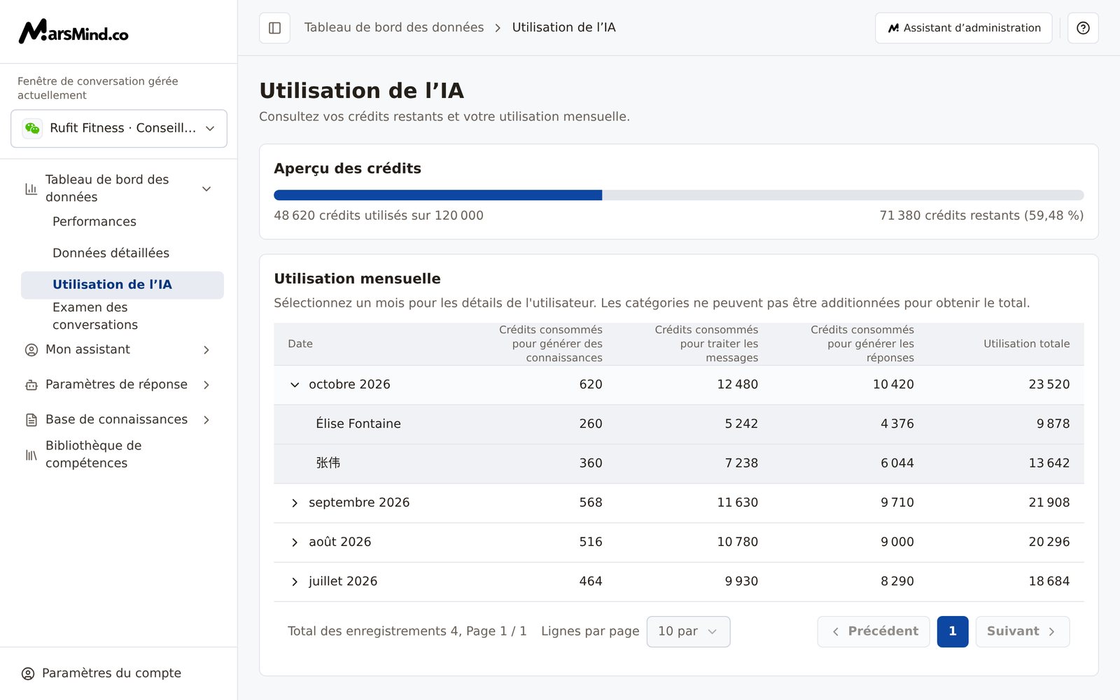 Un mois déplié dans « Utilisation mensuelle » : sous ce mois apparaissent les lignes de détail par utilisateur, avec les mêmes colonnes que ci-dessus