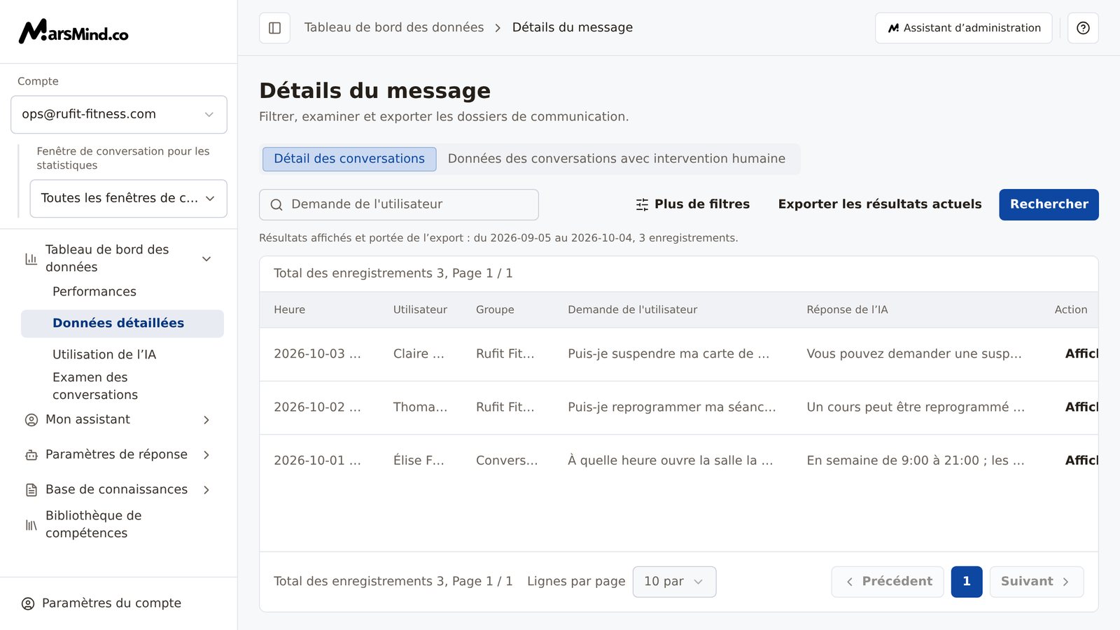 Page « Données détaillées » : en haut, les onglets « Détail des conversations » et « Données des conversations avec intervention humaine » ; la barre d’outils contient un champ de recherche et les boutons « Plus de filtres », « Exporter les résultats actuels » et « Rechercher » ; le tableau affiche les colonnes Heure, Utilisateur, Groupe, Demande de l’utilisateur, Réponse de l’IA et Action ; à gauche, le sélecteur de fenêtre de conversation pour les statistiques
