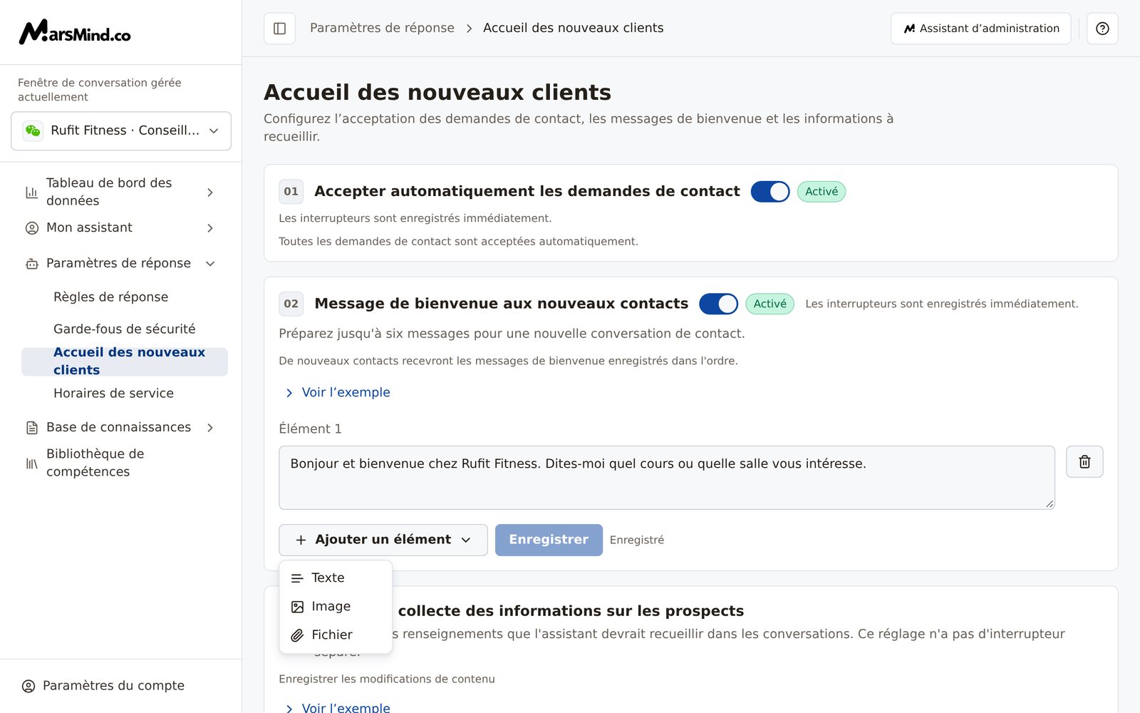 Menu déroulant ouvert après un clic sur « Ajouter un élément » dans la carte « Message de bienvenue aux nouveaux contacts », avec les options « Texte », « Image » et « Fichier »