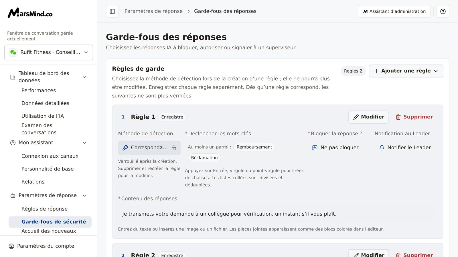 Page « Garde-fous de sécurité » : en haut, la carte « Règles de garde » avec le badge du nombre de règles (« Règles 2 ») et le bouton « Ajouter une règle » ; en dessous, les règles numérotées avec leur méthode de détection, leur condition de déclenchement, le blocage ou non de la réponse et la notification au Leader