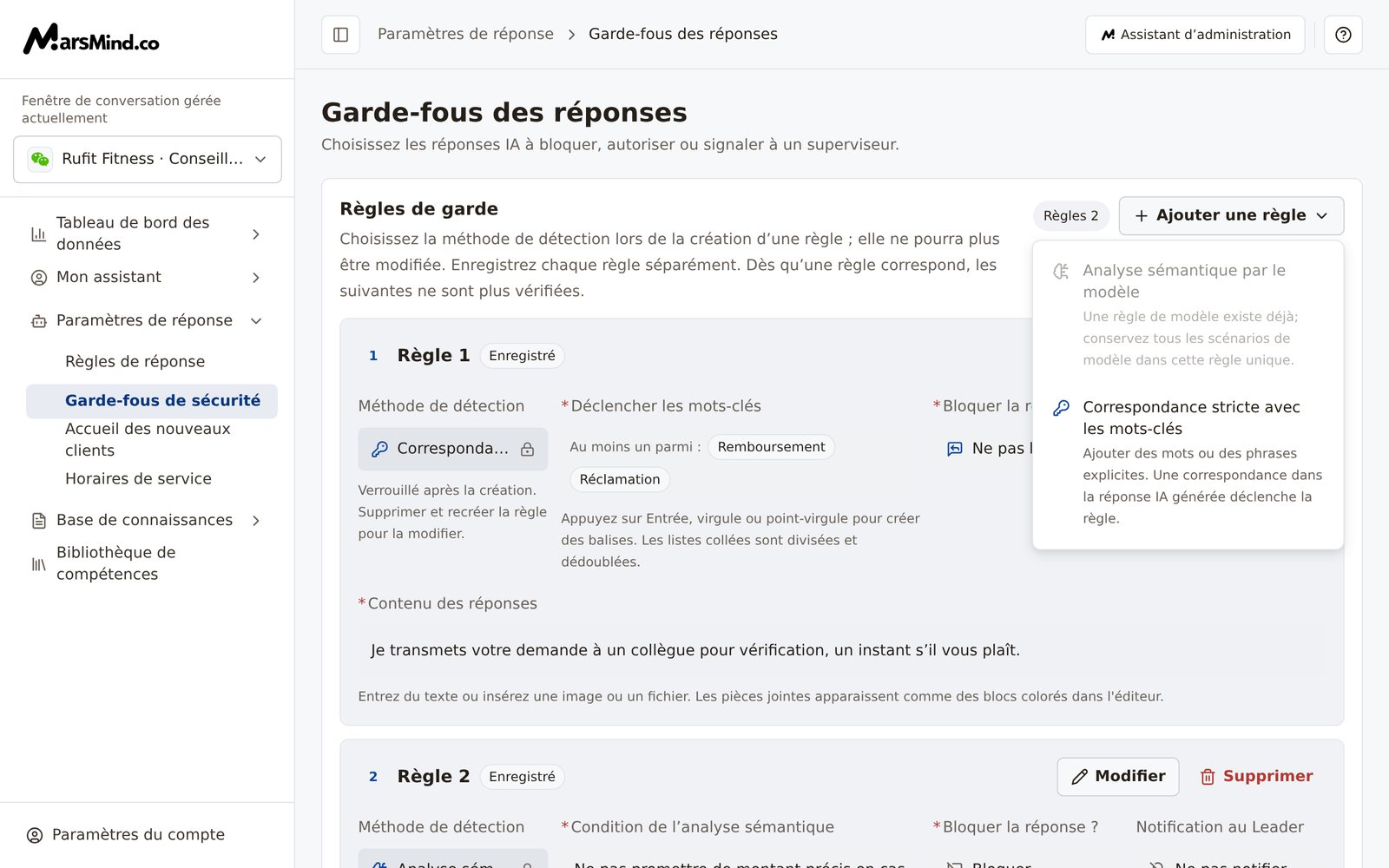 Menu déroulant ouvert depuis « Ajouter une règle » : les options « Analyse sémantique par le modèle » et « Correspondance stricte avec les mots-clés » avec leur description ; l’option de modèle est grisée et rappelle qu’une règle de modèle existe déjà