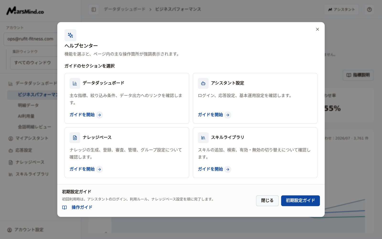 「ヘルプセンター」のダイアログ:データダッシュボード、アシスタント設定、ナレッジベース、スキルライブラリの4枚のガイドカード。下部に「初期設定ガイド」の入口