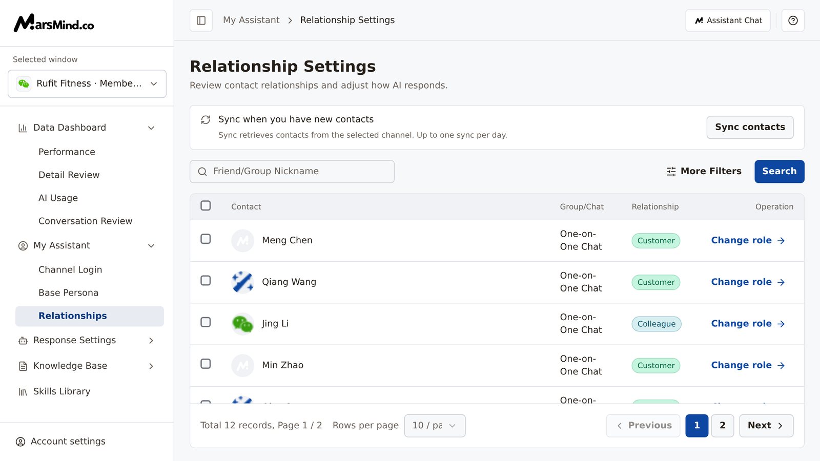 Full Relationships page: the "Sync when you have new contacts" card and "Sync contacts" button at the top, the search and filter area in the middle, and a table below listing Contact, Group/Chat, Relationship, and a "Change role" action
