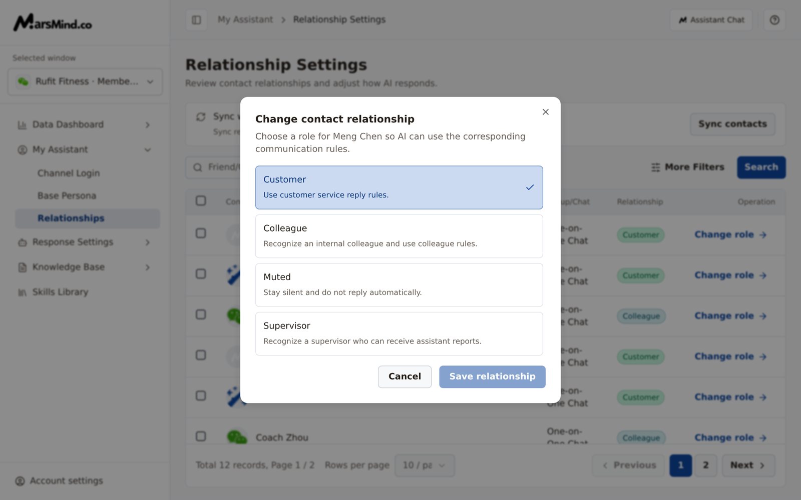 "Change contact relationship" dialog: lists Customer, Colleague, Muted, and Supervisor for the selected contact with a description under each, and "Cancel" and "Save relationship" at the bottom