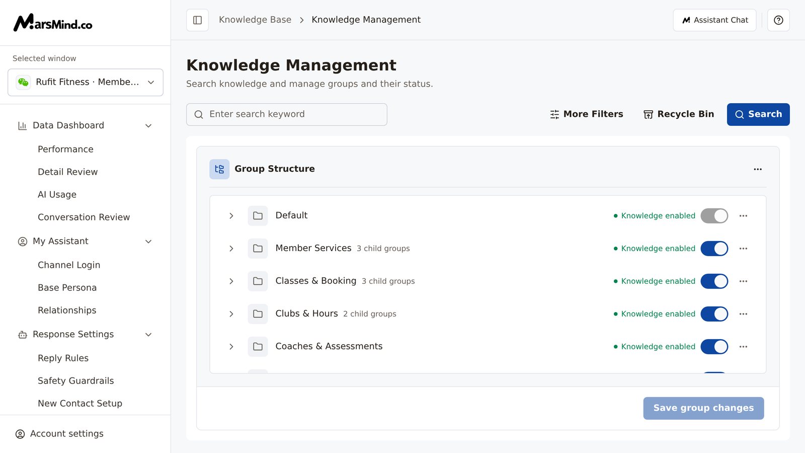 Full Knowledge Management page: the top search bar with the keyword input and the More Filters, Recycle Bin, and Search buttons; below, "Group Structure" lists each group per row with its name, child group count, status text, and toggle, ending with a "⋯" actions menu