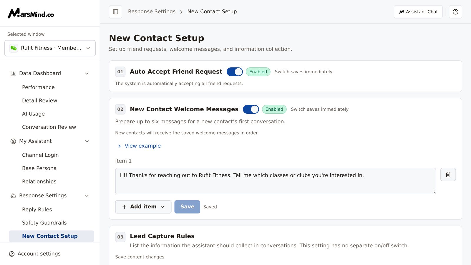New Contact Setup page: the page title and description at the top; Selected window on the left; on the right, three cards from top to bottom — 01 Auto Accept Friend Request, 02 New Contact Welcome Messages, and 03 Lead Capture Rules