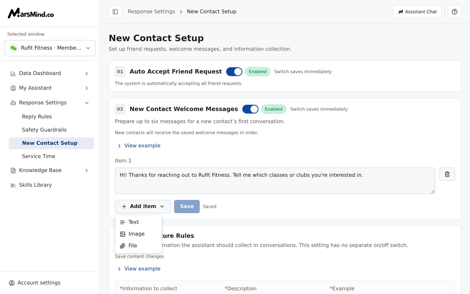 The dropdown that opens after clicking "Add item" in the "New Contact Welcome Messages" card, showing the three options "Text", "Image", and "File"