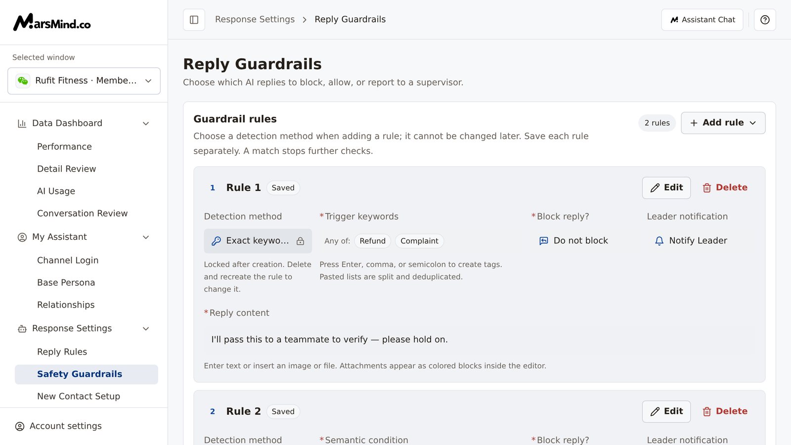 Safety Guardrails page: the “Guardrail rules” card at the top carries a rule-count badge and an “Add rule” button; below it, rules are listed by number with their detection method, match condition, whether the reply is blocked, and the Leader notification
