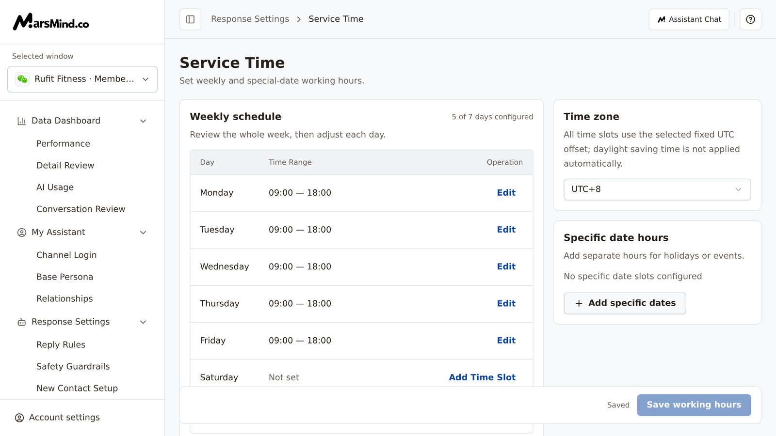 Service Time page: "Selected window" at the top of the left sidebar; the main "Weekly schedule" card lists slots for Monday through Saturday (the "Add to multiple days" button below the table and the Sunday row after the bottom save bar are not captured in the screenshot); the "Time zone" and "Specific date hours" cards sit on the right, and "Save working hours" is at the bottom